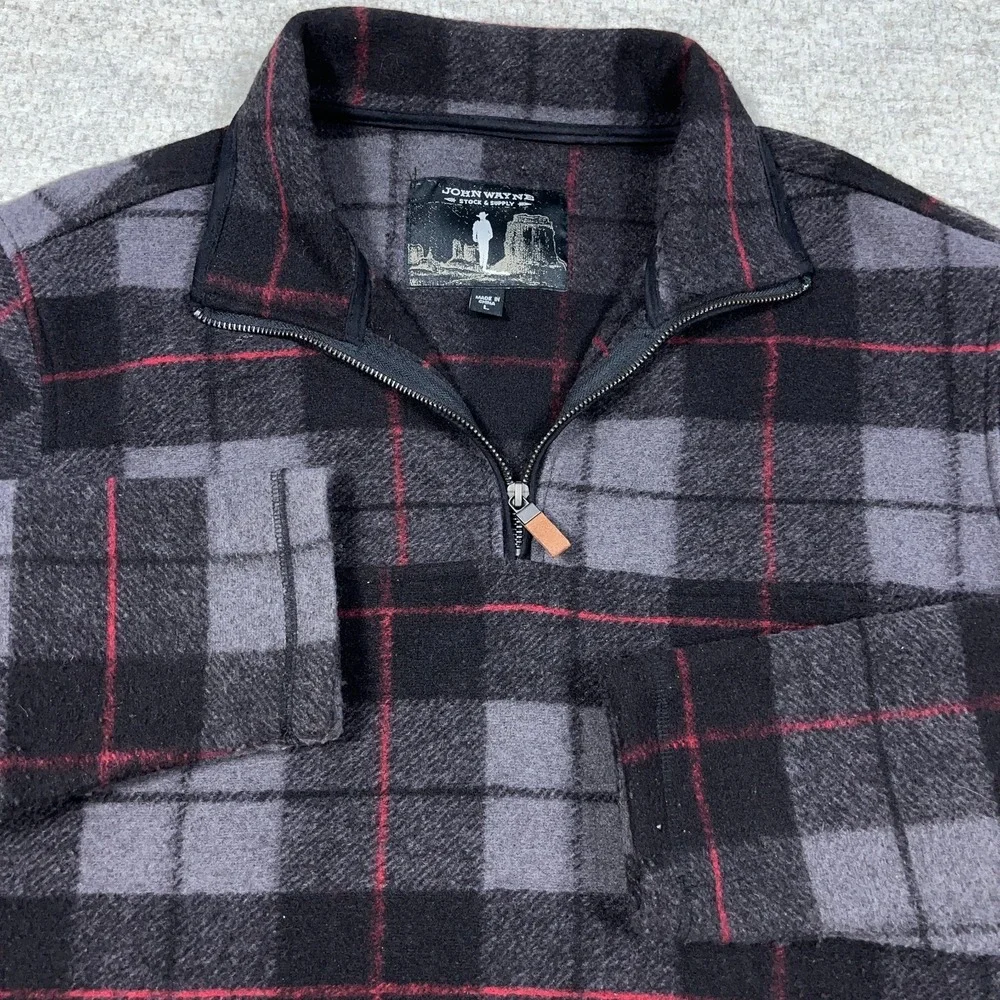 John‎ Wayne Sweater Men Large Black Gray Plaid Pullover Quarter Zip Sweatshirt